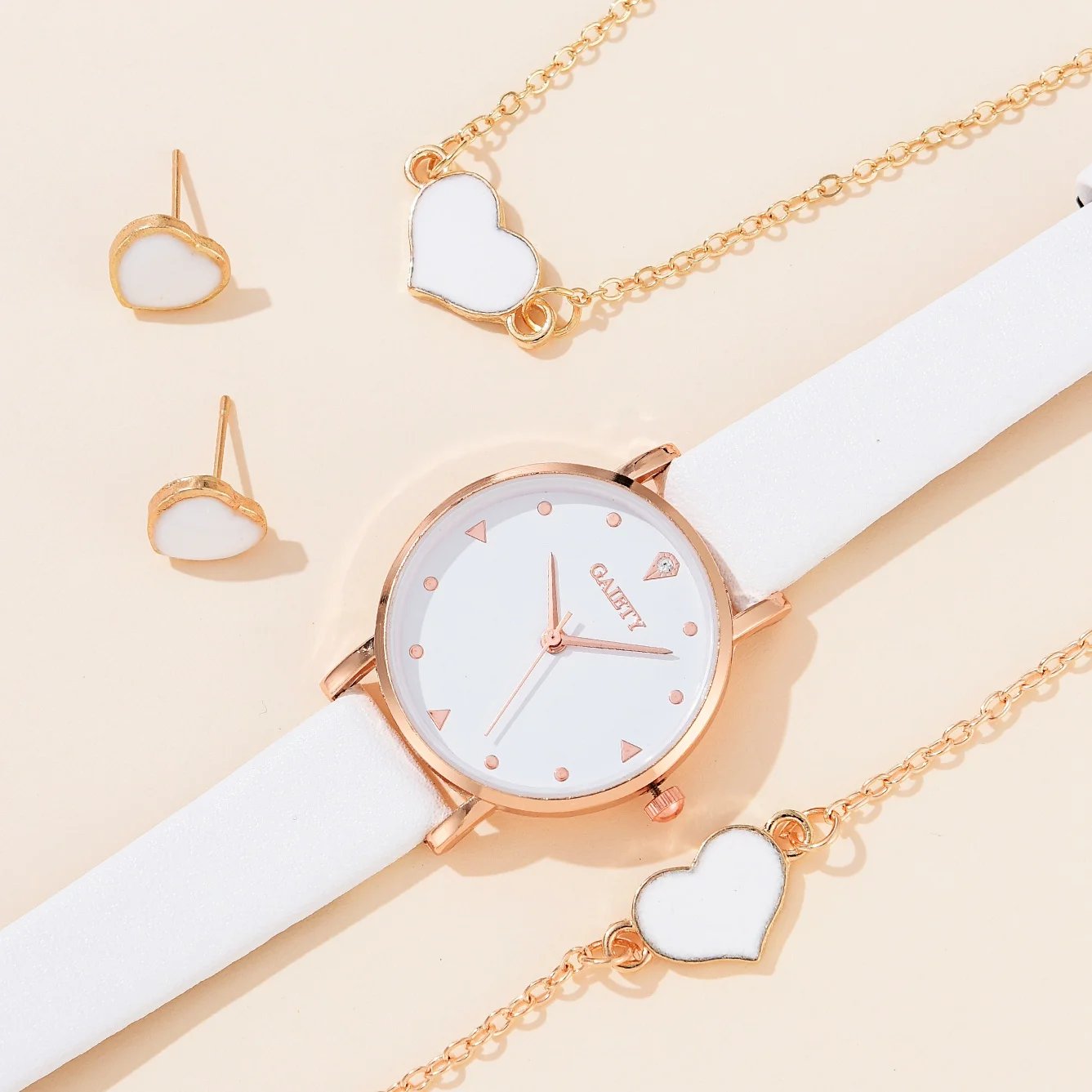 4 PCS Fashion Watch Set Women Necklace Earrings Bracelet Set Watches WristWatch White Leather Strap Ladies Quartz Watch