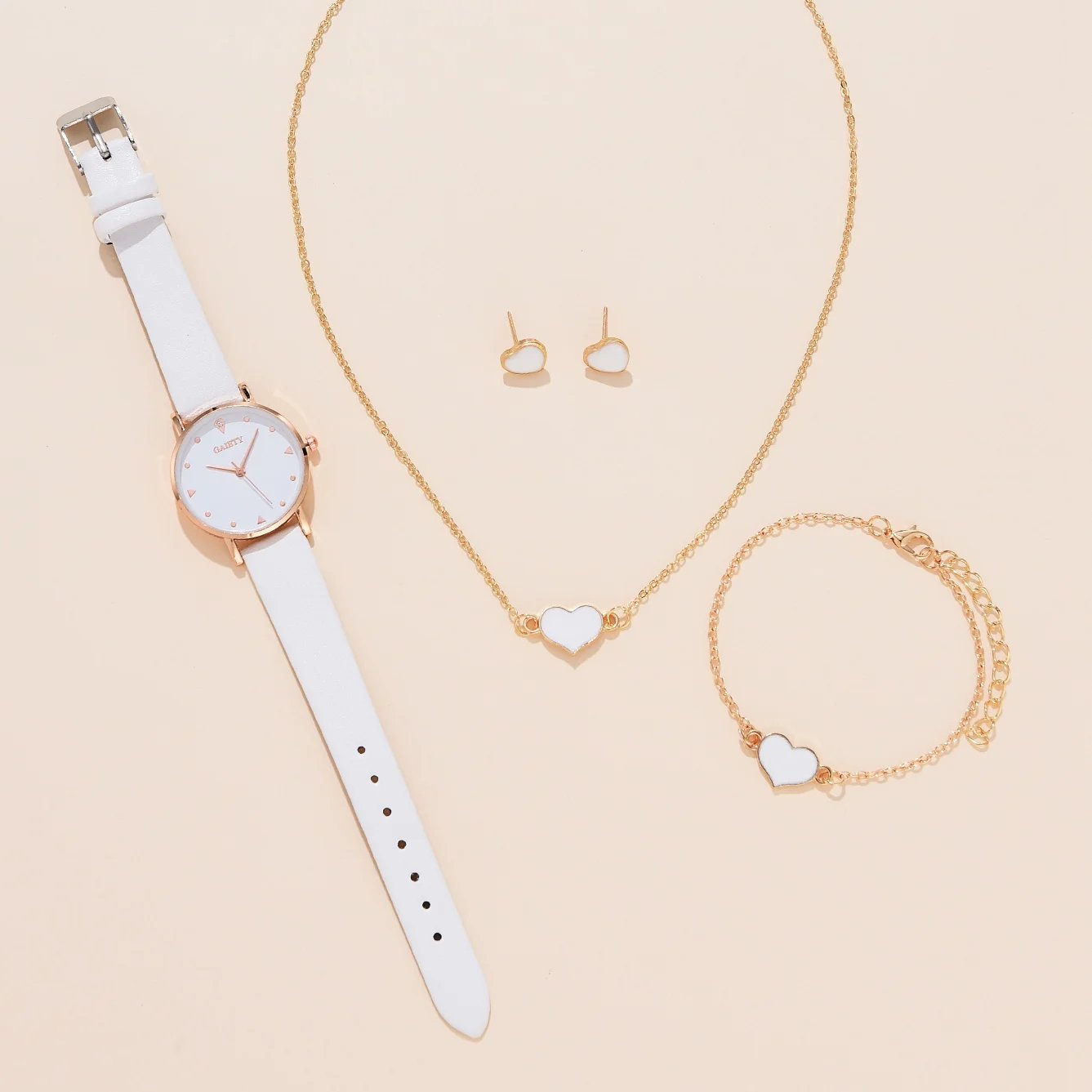 4 PCS Fashion Watch Set Women Necklace Earrings Bracelet Set Watches WristWatch White Leather Strap Ladies Quartz Watch