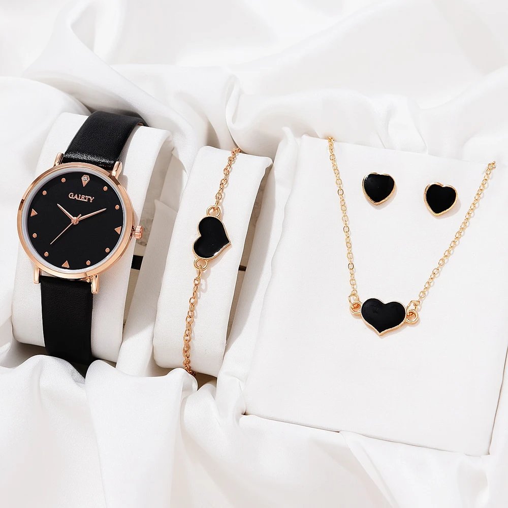 4 PCS Fashion Watch Set Women Necklace Earrings Bracelet Set Watches WristWatch White Leather Strap Ladies Quartz Watch