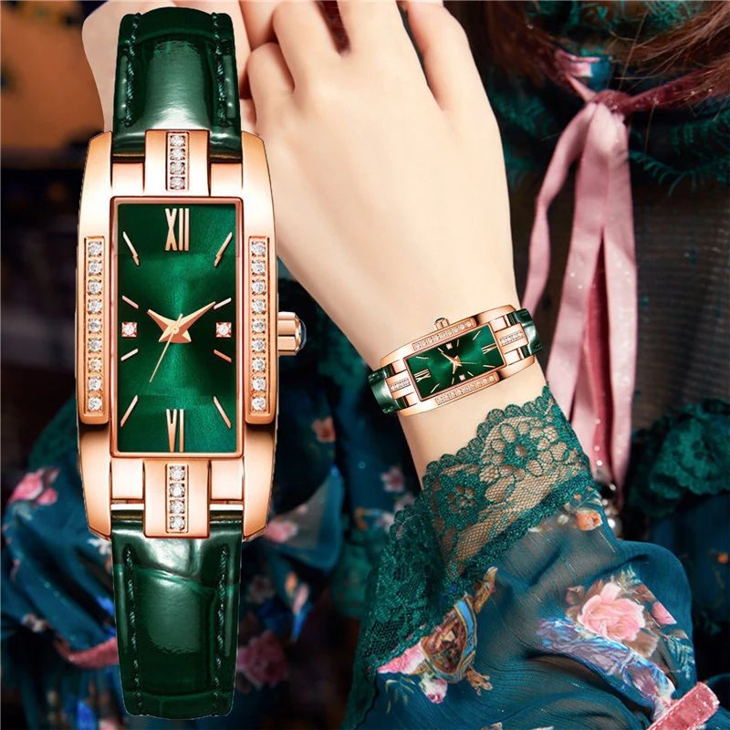 5PCS Set Fashion Women Rectangle Watches Ladies Business Green Leather Quartz Watch Womens Necklace Earrings Bracelet Wristwatch