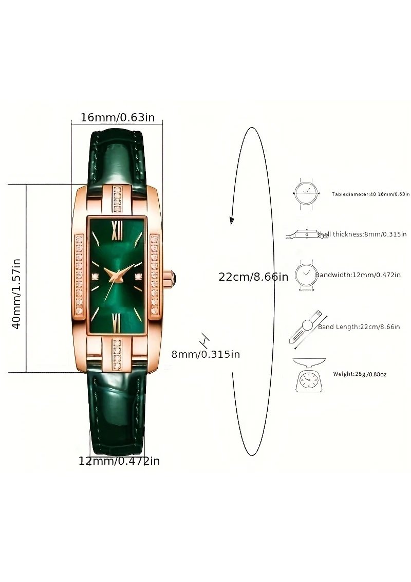 5PCS Set Fashion Women Rectangle Watches Ladies Business Green Leather Quartz Watch Womens Necklace Earrings Bracelet Wristwatch