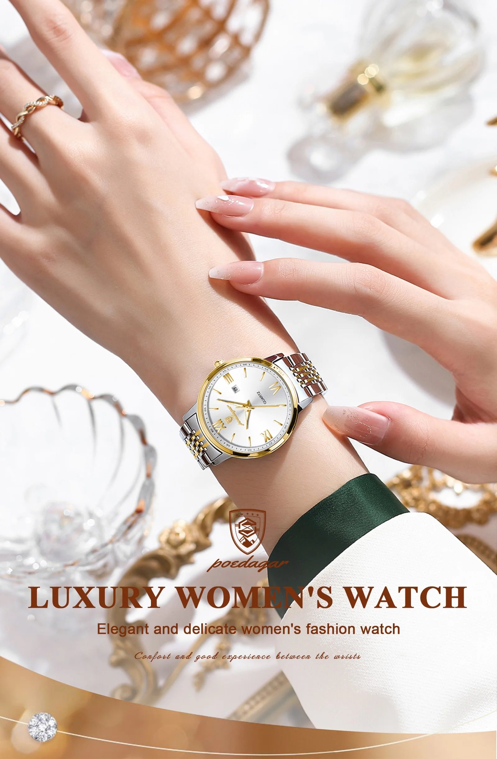 Ladies Wristwatch Luxury Waterproof Luminous Date Gold Watch For Women Dress Stainless Steel Quartz Women's Watches+Box
