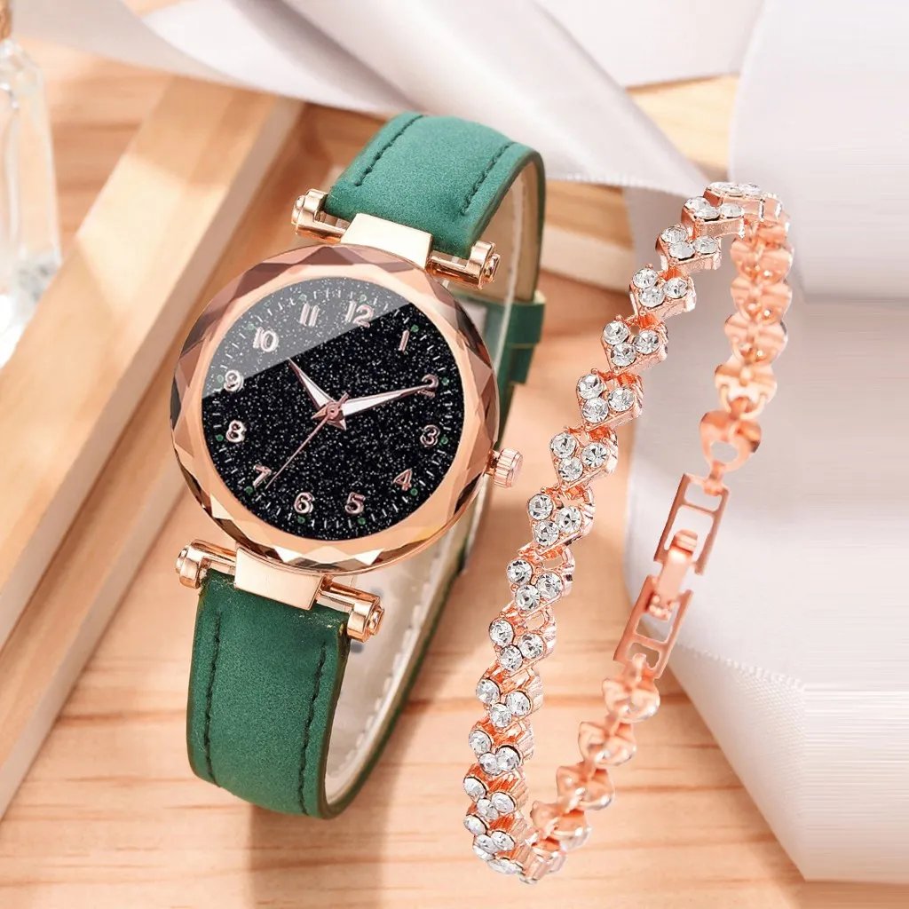 2pcs Luxury Fashion Women Watch Set Colourful PU Leather Strap Ladies Quartz Wristwatch Alloy Bracelet For Ladies Gift