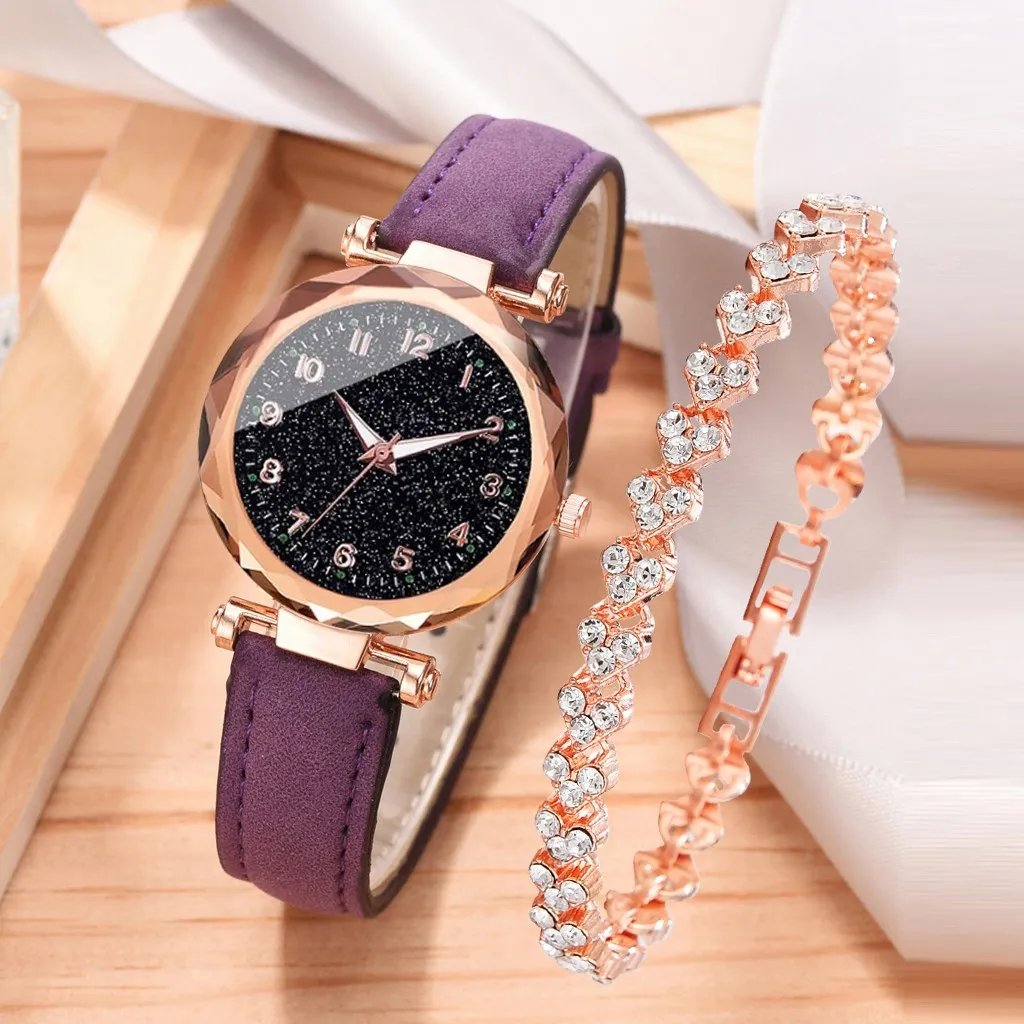 2pcs Luxury Fashion Women Watch Set Colourful PU Leather Strap Ladies Quartz Wristwatch Alloy Bracelet For Ladies Gift