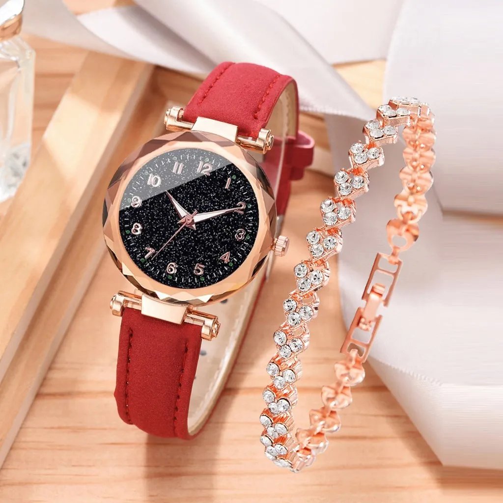 2pcs Luxury Fashion Women Watch Set Colourful PU Leather Strap Ladies Quartz Wristwatch Alloy Bracelet For Ladies Gift