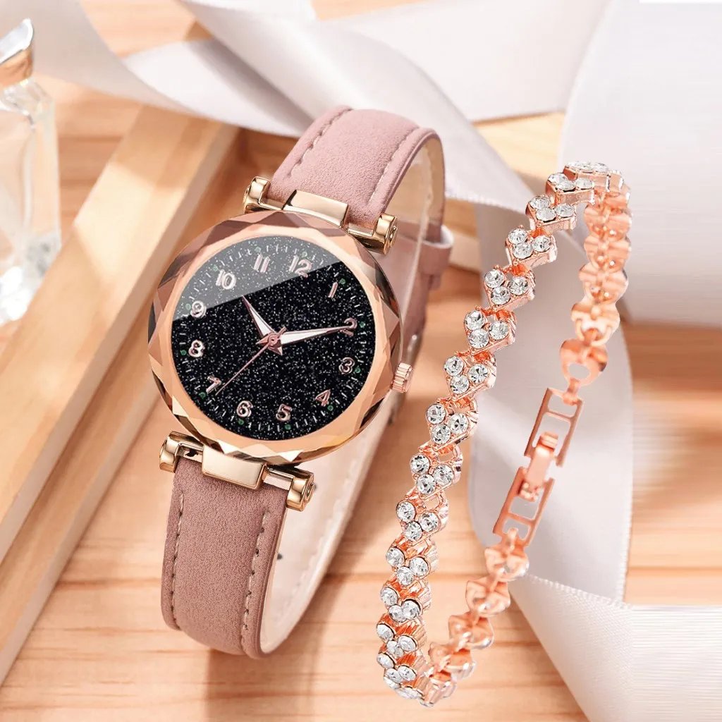 2pcs Luxury Fashion Women Watch Set Colourful PU Leather Strap Ladies Quartz Wristwatch Alloy Bracelet For Ladies Gift