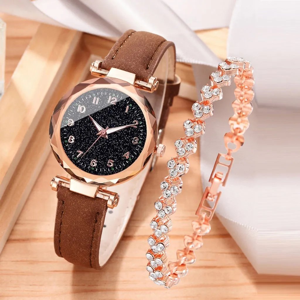 2pcs Luxury Fashion Women Watch Set Colourful PU Leather Strap Ladies Quartz Wristwatch Alloy Bracelet For Ladies Gift