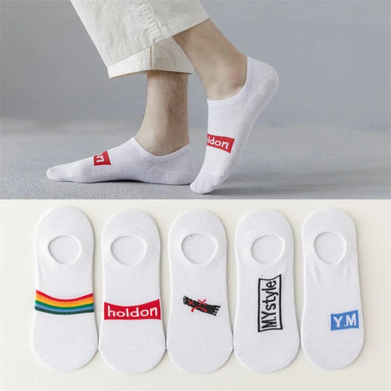 5 Pairs Stripe/Solid/Dots Men Cotton Boat Socks Summer Thin Invisible Women Silicone Non-slip Socks for Sports