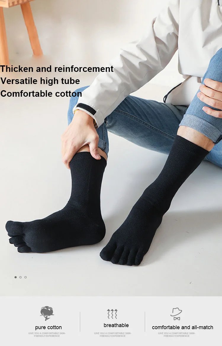 3 Pairs Large Mens Five Finger Long Socks Solid Cotton Autumn Winter Warm Thick Sock Mid-Calf 5 Toe Casual Business Office Socks