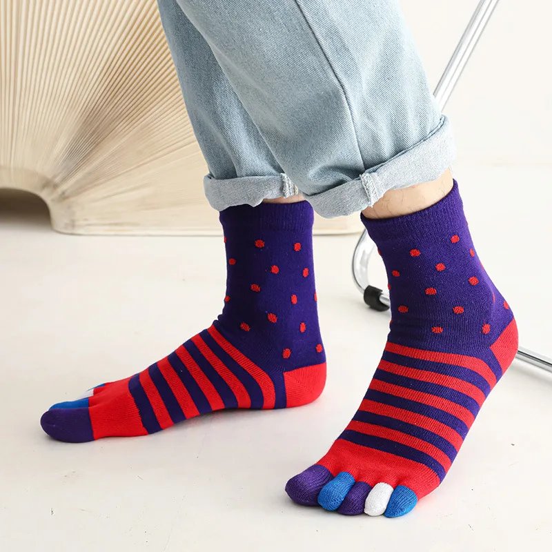 5 Pairs Large Thick Cotton Colorful Toe Socks Men Autumn Winter Bright Color Dots Striped Happy Socks with Fingers Plus 45 46 47