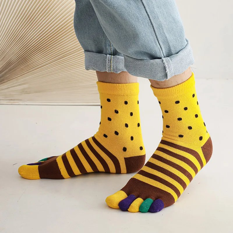 5 Pairs Large Thick Cotton Colorful Toe Socks Men Autumn Winter Bright Color Dots Striped Happy Socks with Fingers Plus 45 46 47