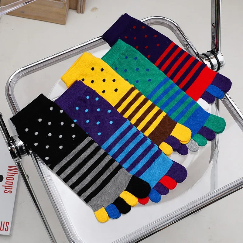 5 Pairs Large Thick Cotton Colorful Toe Socks Men Autumn Winter Bright Color Dots Striped Happy Socks with Fingers Plus 45 46 47