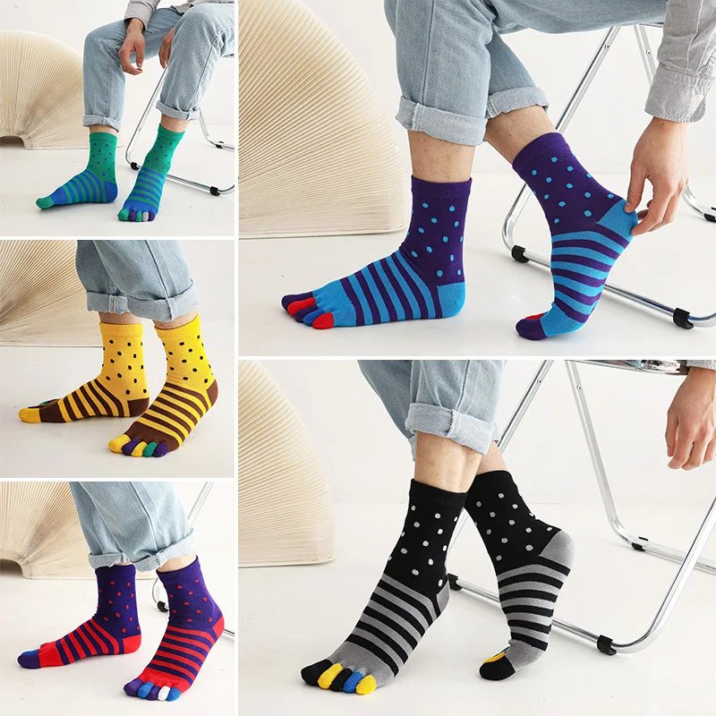 5 Pairs Large Thick Cotton Colorful Toe Socks Men Autumn Winter Bright Color Dots Striped Happy Socks with Fingers Plus 45 46 47