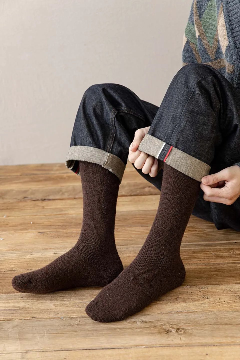 Winter Men's Knee Wool Long Socks Thick Warm Harajuku Retro Compression High Male Sock 3 Pair