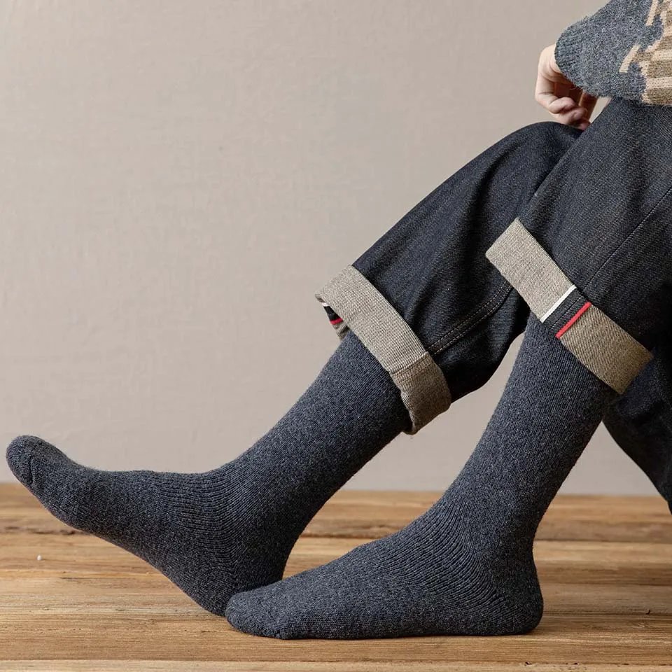 Winter Men's Knee Wool Long Socks Thick Warm Harajuku Retro Compression High Male Sock 3 Pair