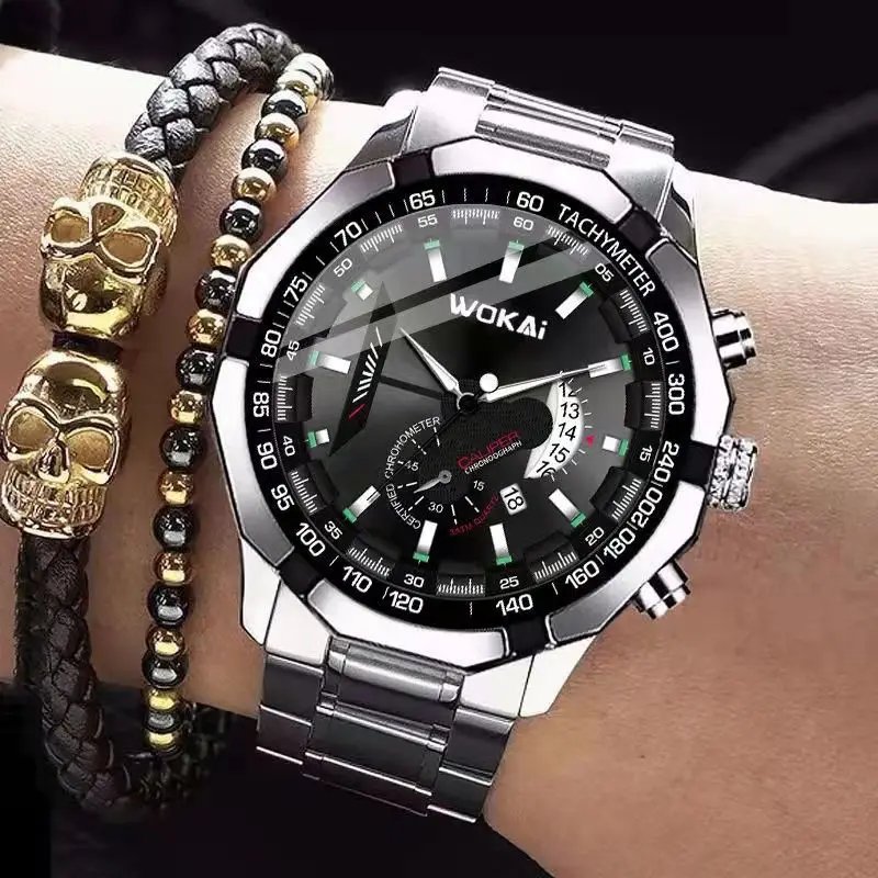 high quality fashion men's quartz steel band calendar large dial watch Women's waterproof business sports clock