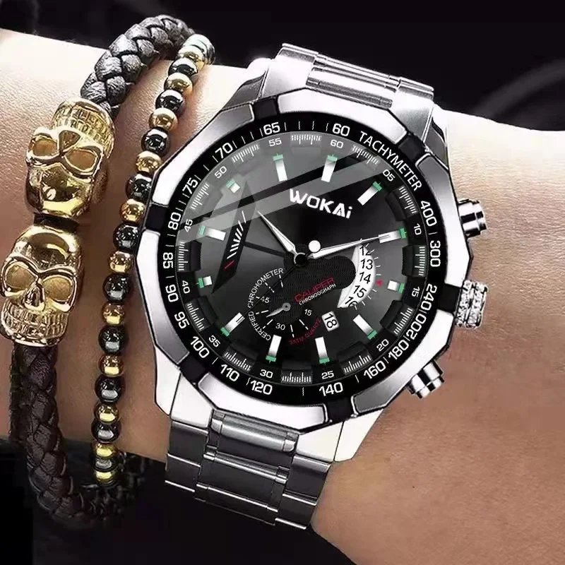 high quality fashion men's quartz steel band calendar large dial watch Women's waterproof business sports clock