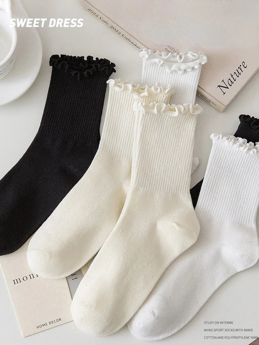 5 paia/lotto calzini per donna Ruffle Cotton Middle Tube caviglia Short traspirante nero bianco set primavera autunno 5 paia/lotto calzini per donna Ruffle Cotton Middle Tube caviglia Short traspirante nero bianco set primavera autunno