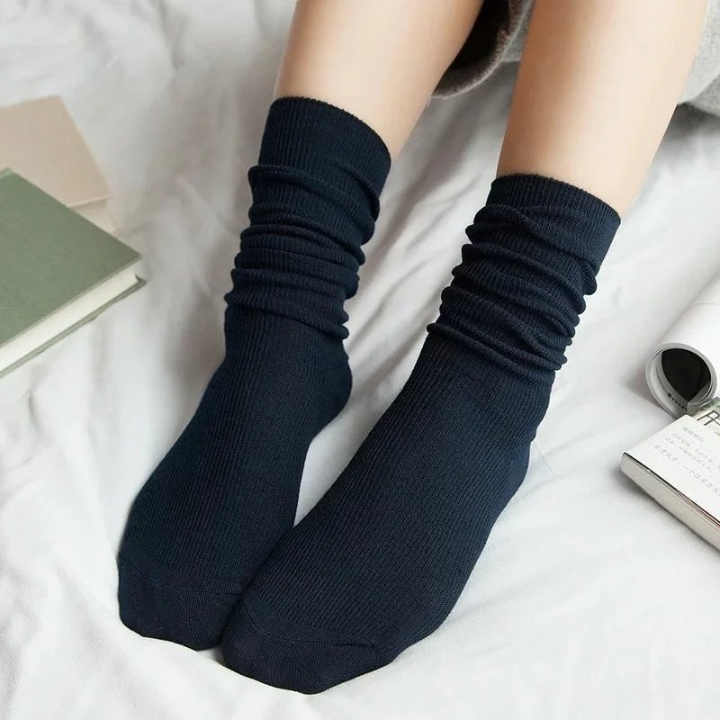 Japanese Korean High School Girls High Socks Loose Solid Colors Double Needles Knitting Cotton Long Socks For Women Japanese Korean High School Girls High Socks Loose Solid Colors Double Needles Knitting Cotton Long Socks For Women