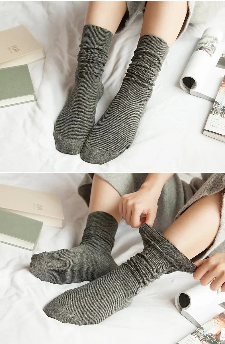 Japanese Korean High School Girls High Socks Loose Solid Colors Double Needles Knitting Cotton Long Socks For Women Japanese Korean High School Girls High Socks Loose Solid Colors Double Needles Knitting Cotton Long Socks For Women