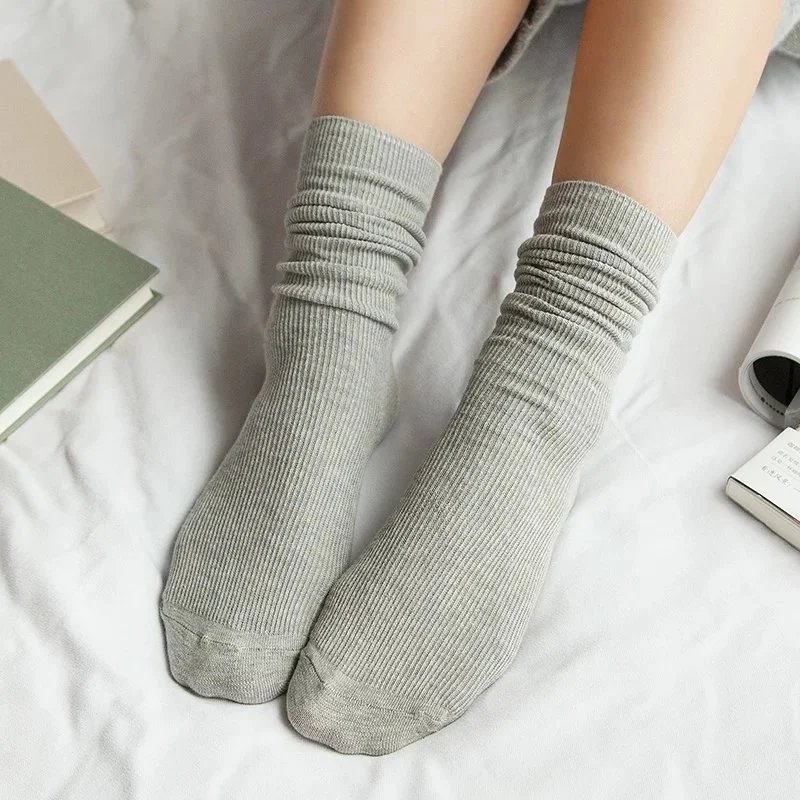 Japanese Korean High School Girls High Socks Loose Solid Colors Double Needles Knitting Cotton Long Socks For Women Japanese Korean High School Girls High Socks Loose Solid Colors Double Needles Knitting Cotton Long Socks For Women