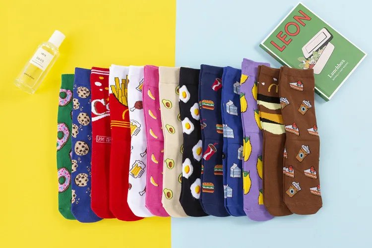 Women Socks Funny Cute Cartoon Fruits Banana Avocado Lemon Egg Cookie Donuts Food Happy Japanese Harajuku skateboard Socks