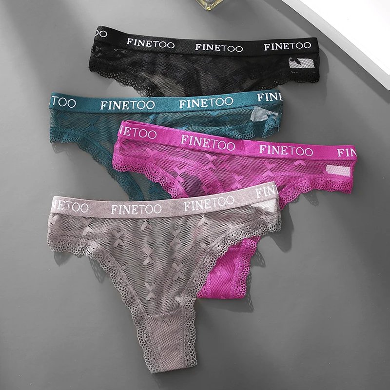 3PCS FINETOO Thong For Women Lace Panties Sexy Women's Thong Low Waist Underwear Solid Comfort Female Underpants Lingerie S-XL