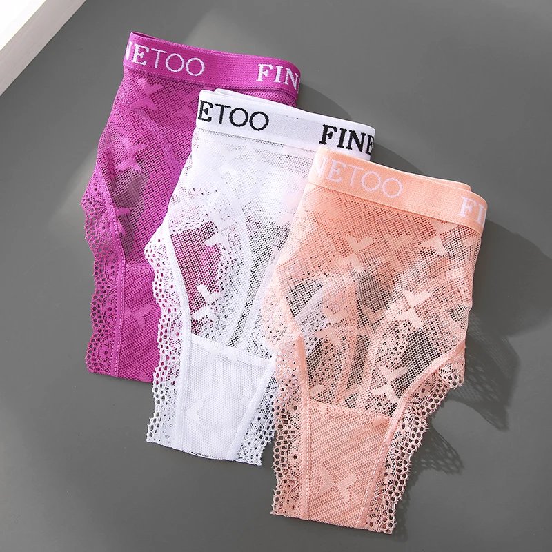 3PCS FINETOO Thong For Women Lace Panties Sexy Women's Thong Low Waist Underwear Solid Comfort Female Underpants Lingerie S-XL