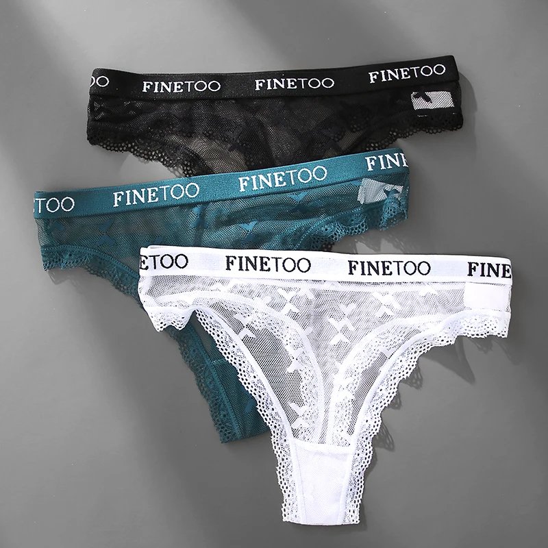 3PCS FINETOO Thong For Women Lace Panties Sexy Women's Thong Low Waist Underwear Solid Comfort Female Underpants Lingerie S-XL