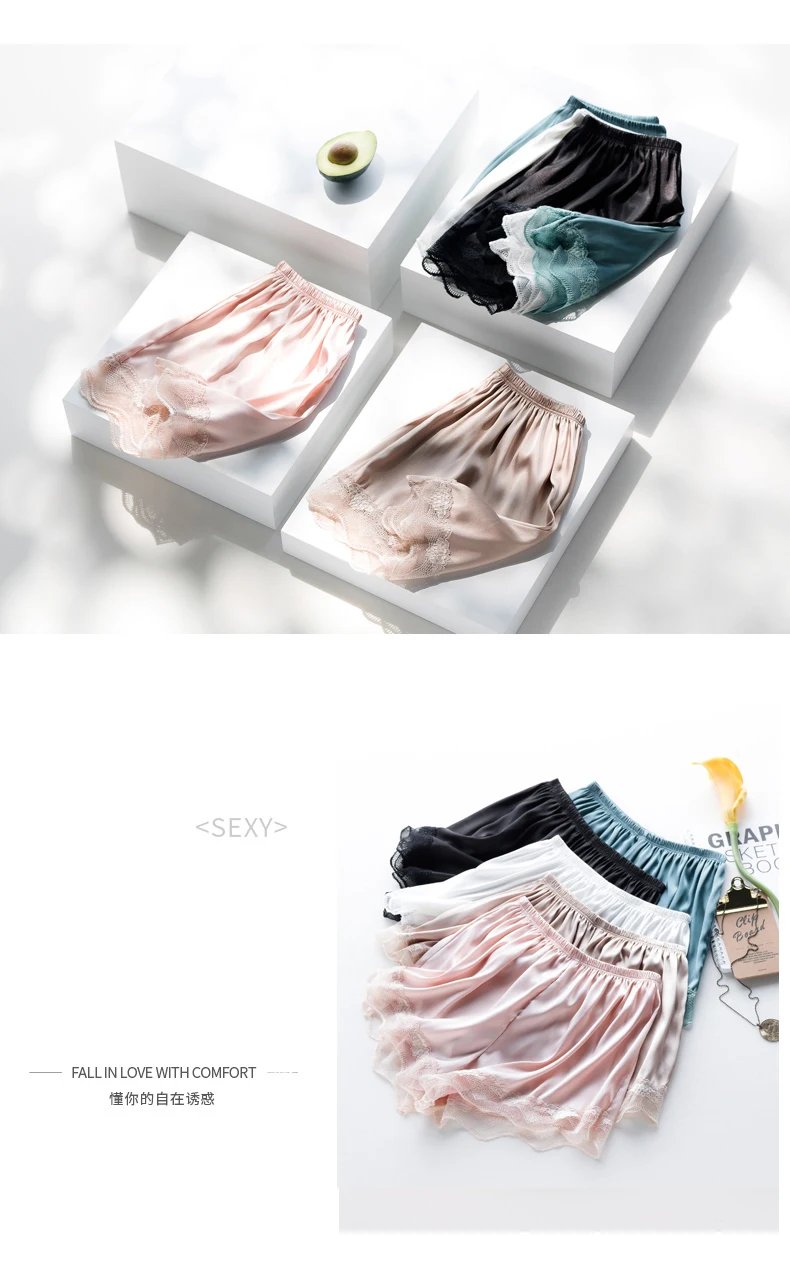 Elegant Lace Satin Safety Short Pants Women Home Sleeping Shorts Seamless Underwear Female Safe Boxer Shorts Lingerie Underpants