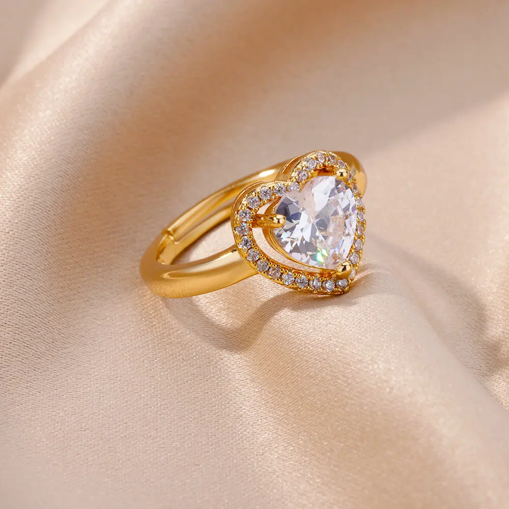 Stainless Steel Heart Rings For Women Zircon Gold Plated Heart Adjustable Ring Femme Wedding Party Accessories Jewelry Gift 2023 Stainless Steel Heart Rings For Women Zircon Gold Plated Heart Adjustable Ring Femme Wedding Party Accessories Jewelry Gift 2023