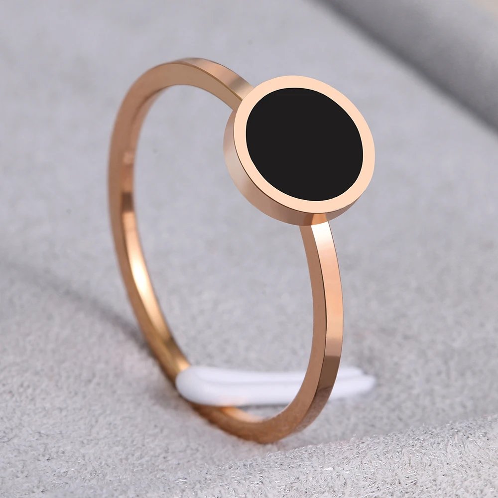 Stainless Steel Rings Fashion Trendy OL Style Anniversary Black Round Stone Ring For Women Jewelry Party Wedding Girls Gifts