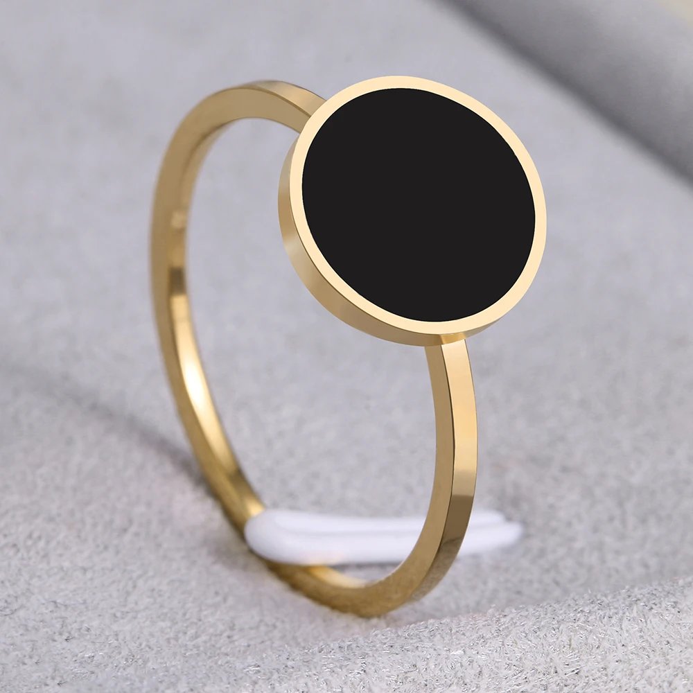 Stainless Steel Rings Fashion Trendy OL Style Anniversary Black Round Stone Ring For Women Jewelry Party Wedding Girls Gifts