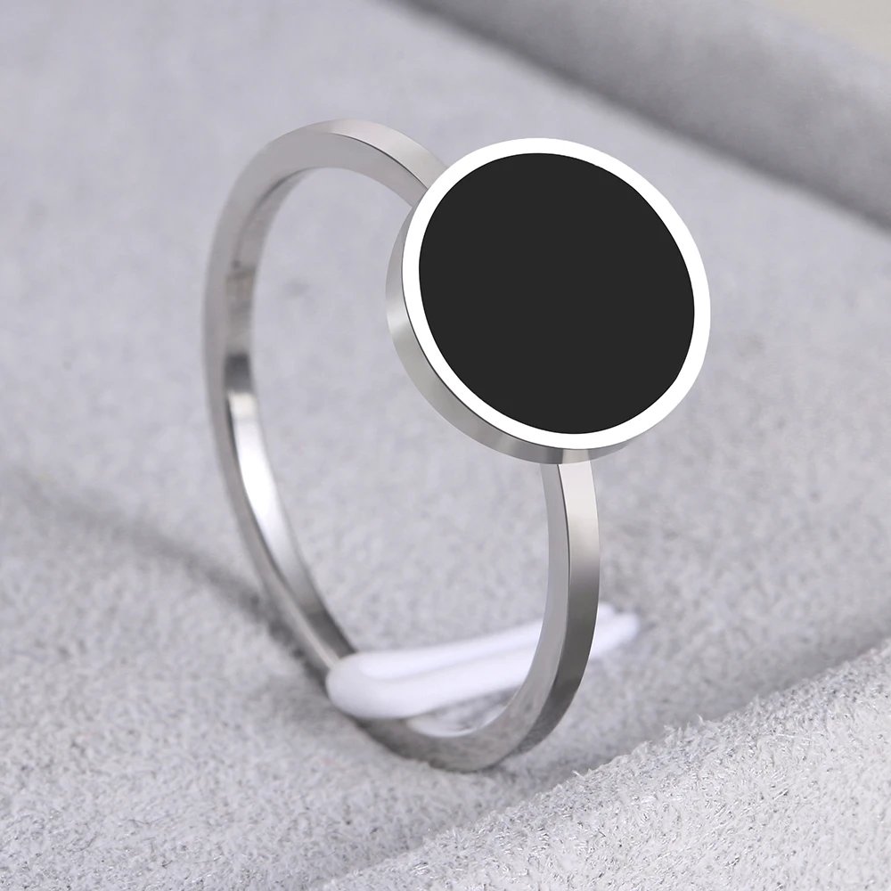 Stainless Steel Rings Fashion Trendy OL Style Anniversary Black Round Stone Ring For Women Jewelry Party Wedding Girls Gifts
