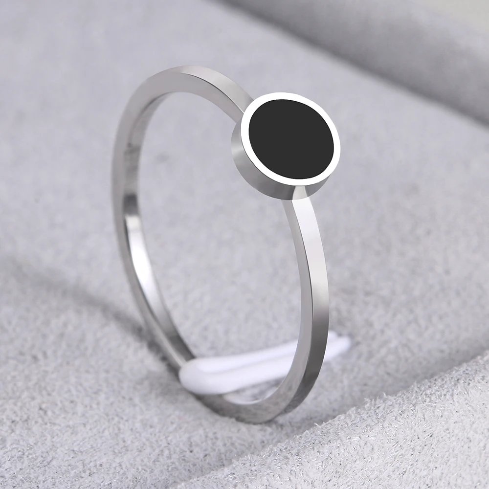 Stainless Steel Rings Fashion Trendy OL Style Anniversary Black Round Stone Ring For Women Jewelry Party Wedding Girls Gifts