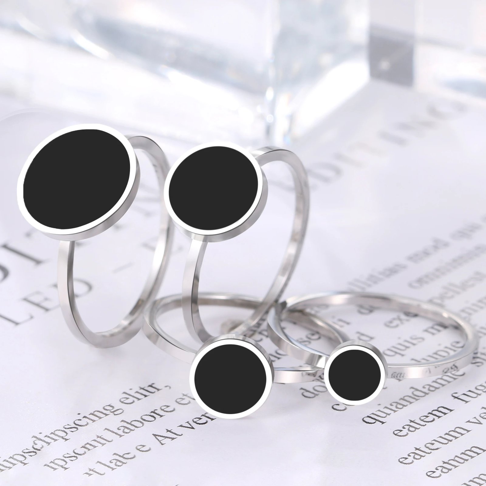 Stainless Steel Rings Fashion Trendy OL Style Anniversary Black Round Stone Ring For Women Jewelry Party Wedding Girls Gifts