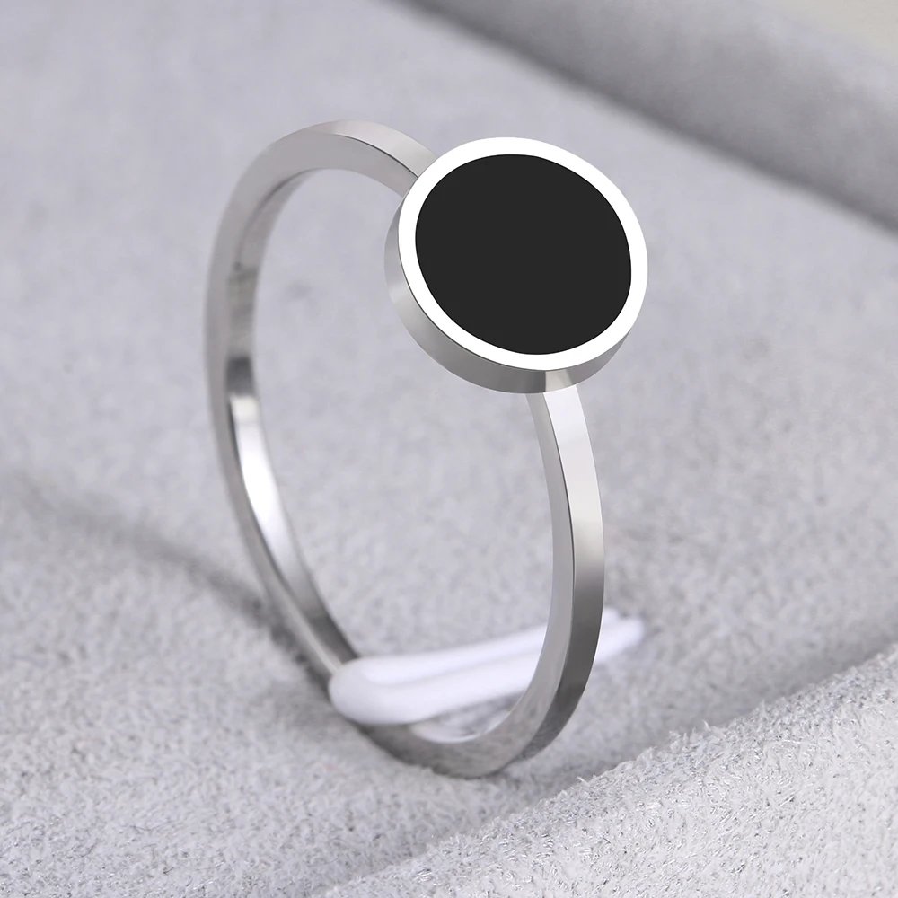 Stainless Steel Rings Fashion Trendy OL Style Anniversary Black Round Stone Ring For Women Jewelry Party Wedding Girls Gifts