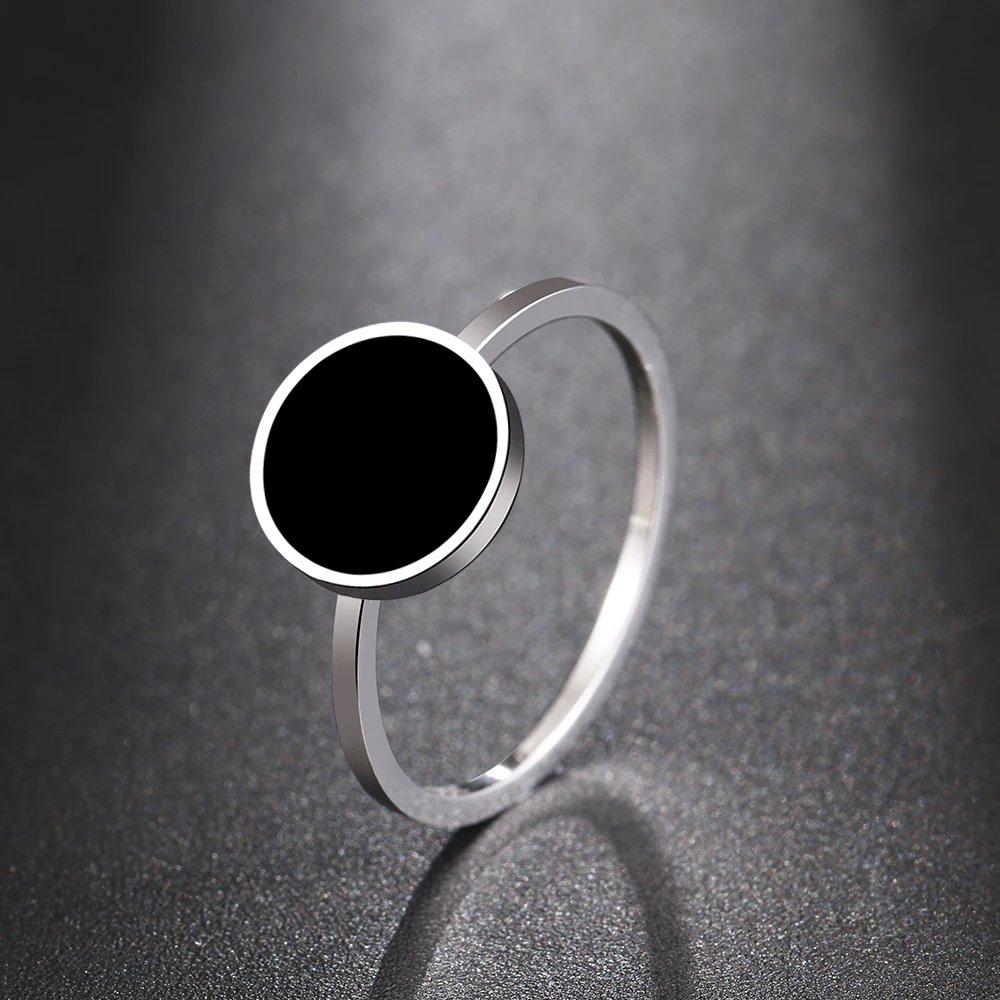 Stainless Steel Rings Fashion Trendy OL Style Anniversary Black Round Stone Ring For Women Jewelry Party Wedding Girls Gifts