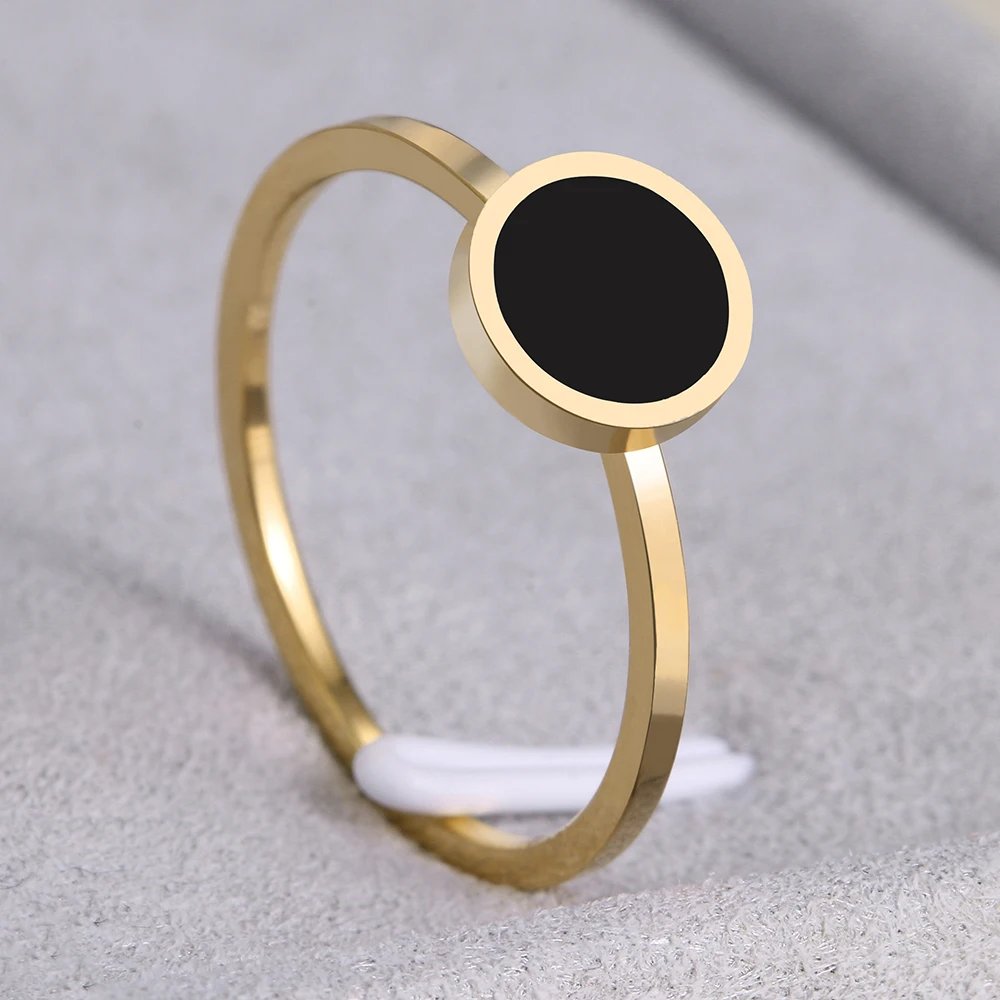 Stainless Steel Rings Fashion Trendy OL Style Anniversary Black Round Stone Ring For Women Jewelry Party Wedding Girls Gifts