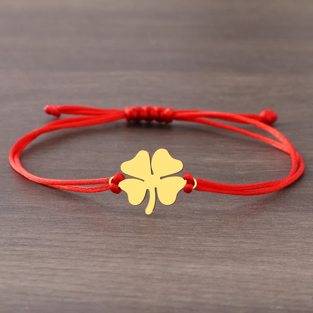 Stainless Steel Bracelets Lucky Black Red Rope Hand Made Fashion Clover Cartoon Cross Summer Charm Bracelet For Women Jewelry