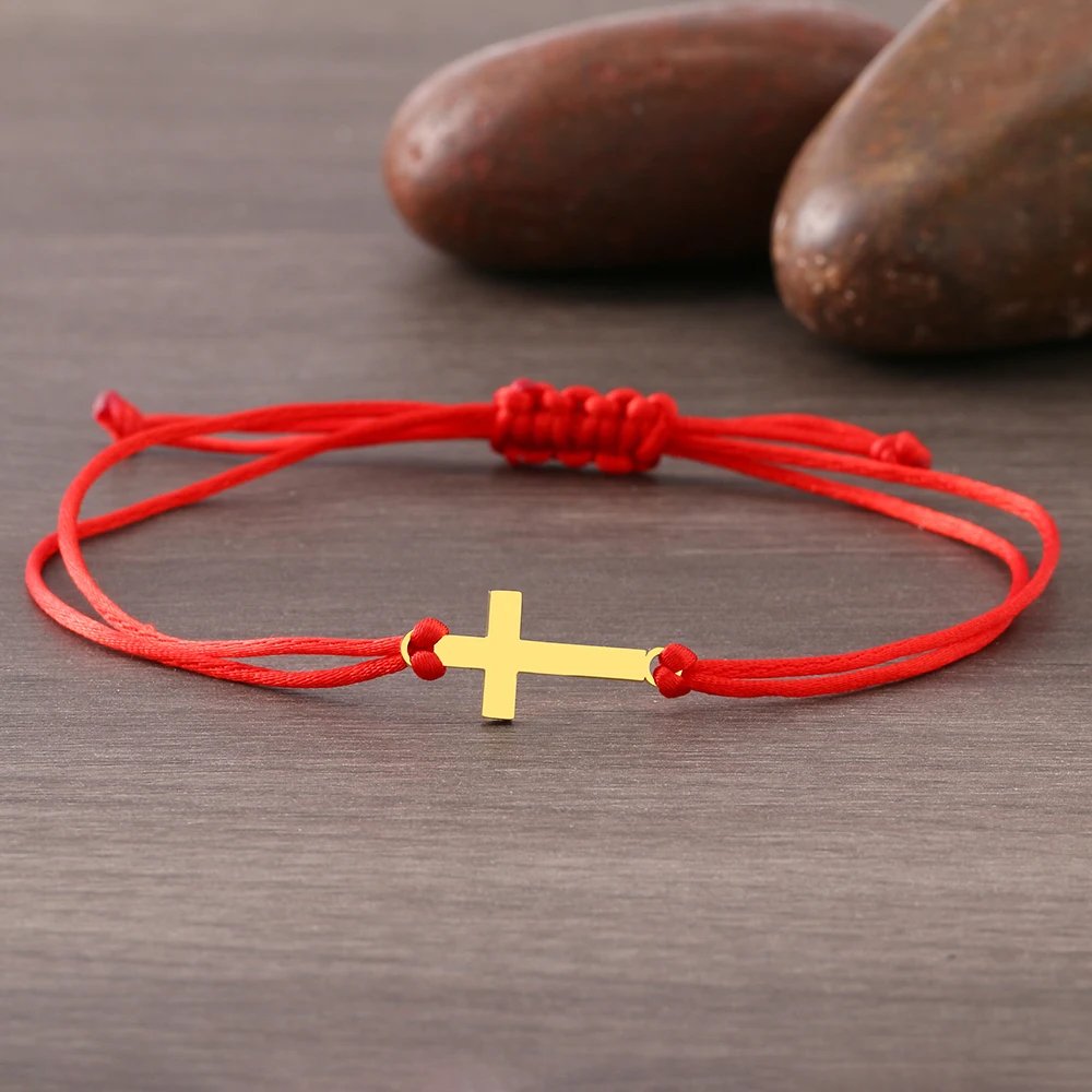 Stainless Steel Bracelets Lucky Black Red Rope Hand Made Fashion Clover Cartoon Cross Summer Charm Bracelet For Women Jewelry