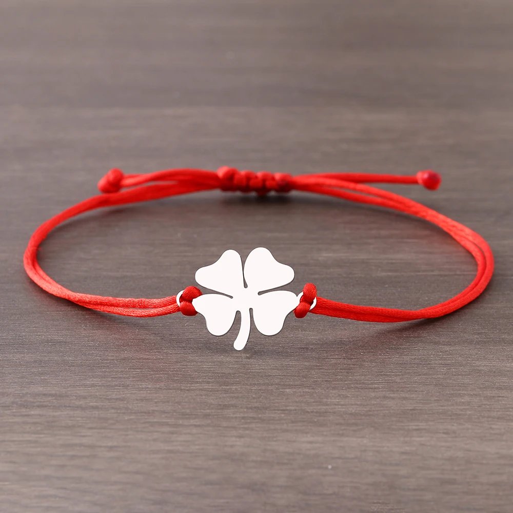 Stainless Steel Bracelets Lucky Black Red Rope Hand Made Fashion Clover Cartoon Cross Summer Charm Bracelet For Women Jewelry