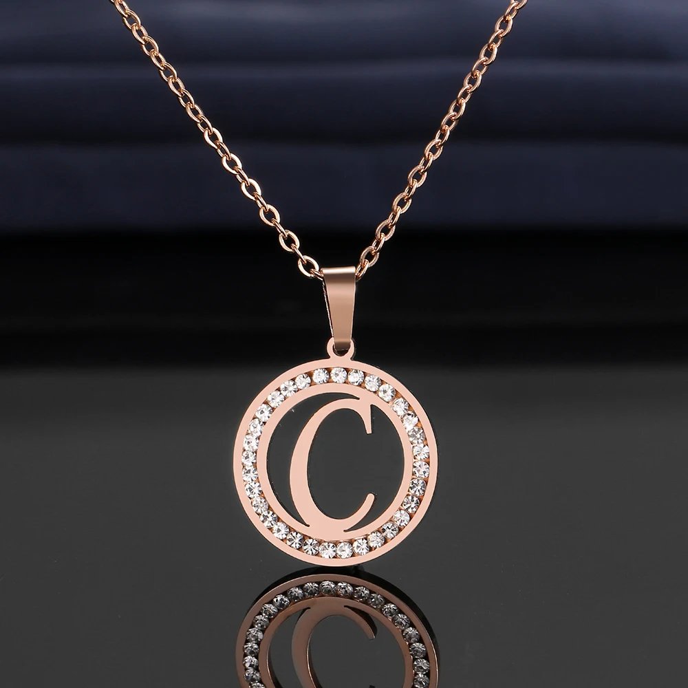316L Stainless Steel 26 letters A-Z Necklace NEW Crystal Rhinestone Necklaces For Women Wedding Valentine's Day Gifts