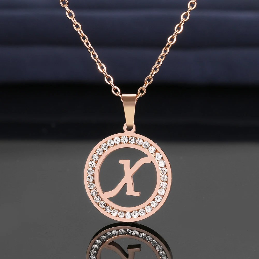 316L Stainless Steel 26 letters A-Z Necklace NEW Crystal Rhinestone Necklaces For Women Wedding Valentine's Day Gifts