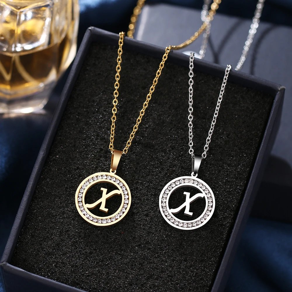 316L Stainless Steel 26 letters A-Z Necklace NEW Crystal Rhinestone Necklaces For Women Wedding Valentine's Day Gifts