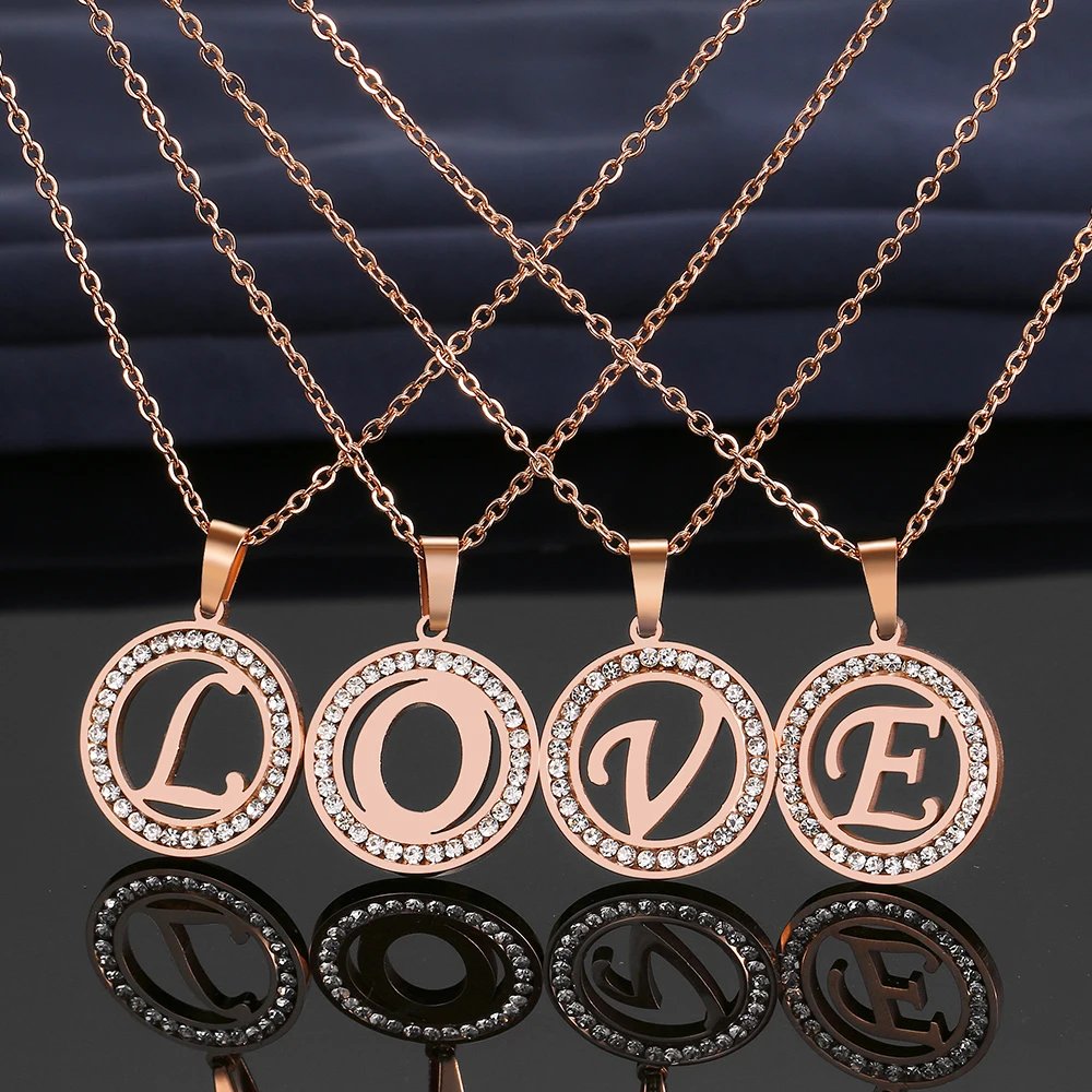 316L Stainless Steel 26 letters A-Z Necklace NEW Crystal Rhinestone Necklaces For Women Wedding Valentine's Day Gifts