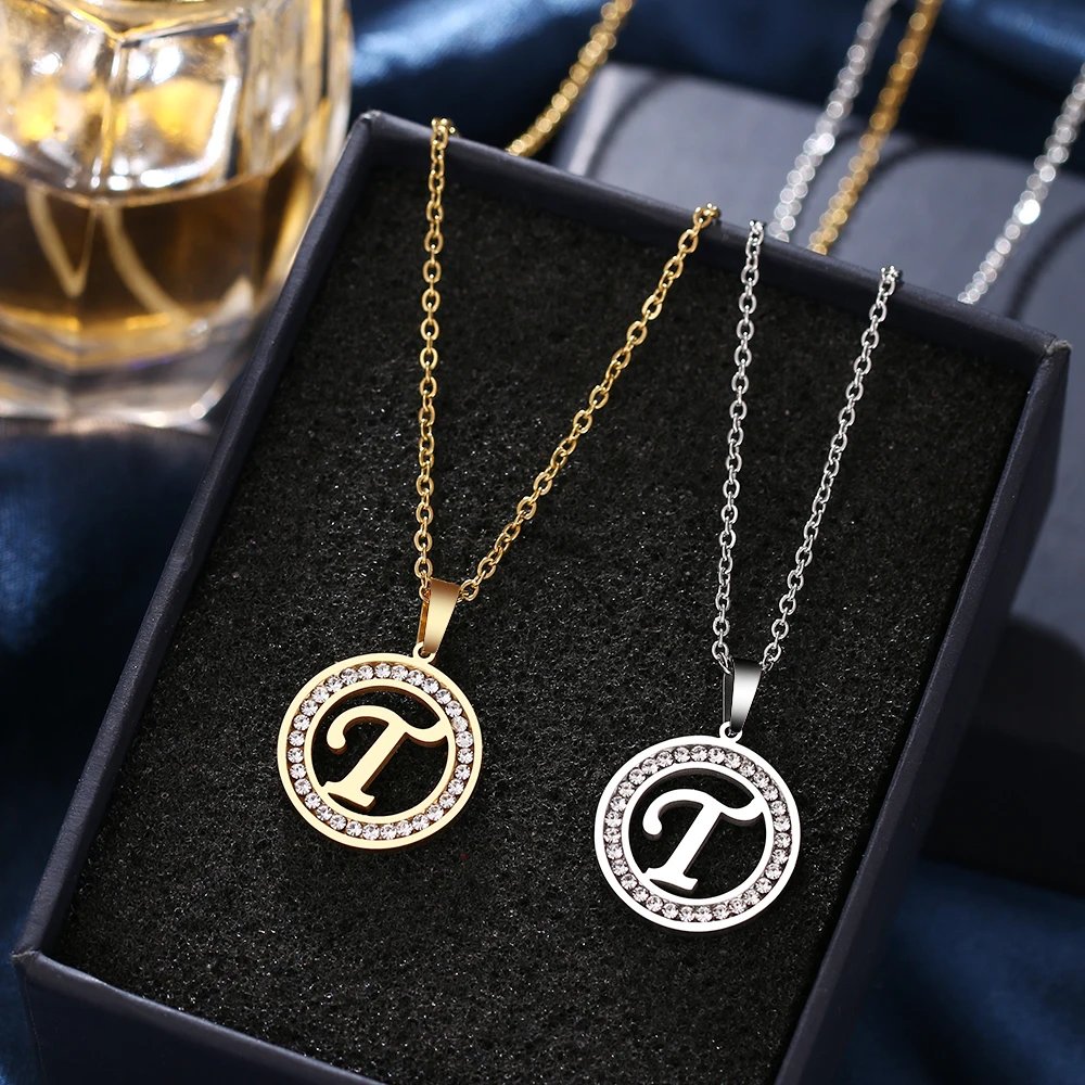 316L Stainless Steel 26 letters A-Z Necklace NEW Crystal Rhinestone Necklaces For Women Wedding Valentine's Day Gifts