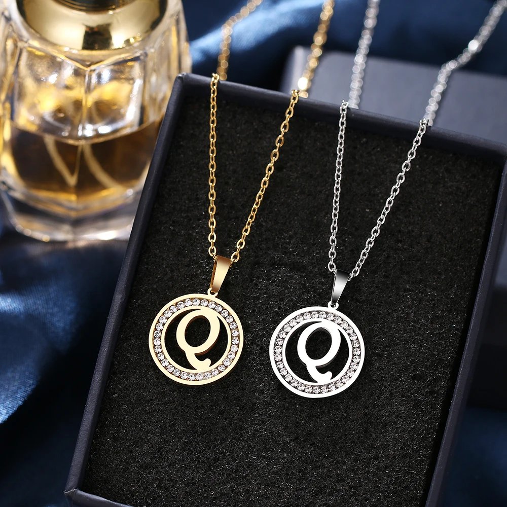 316L Stainless Steel 26 letters A-Z Necklace NEW Crystal Rhinestone Necklaces For Women Wedding Valentine's Day Gifts
