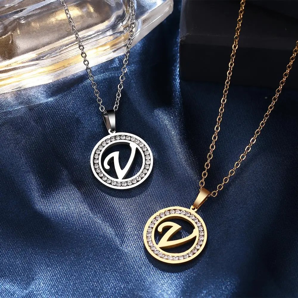 316L Stainless Steel 26 letters A-Z Necklace NEW Crystal Rhinestone Necklaces For Women Wedding Valentine's Day Gifts