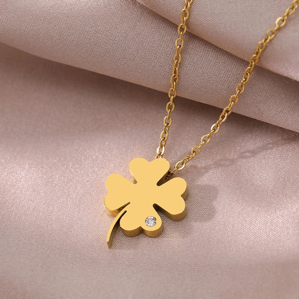 Stainless Steel Necklaces Bohemian Temperament Clover Crystal Zircon Pendant Everyday Wear Chain Girl Necklace For Women Jewelry Stainless Steel Necklaces Bohemian Temperament Clover Crystal Zircon Pendant Everyday Wear Chain Girl Necklace For Women Jewelry